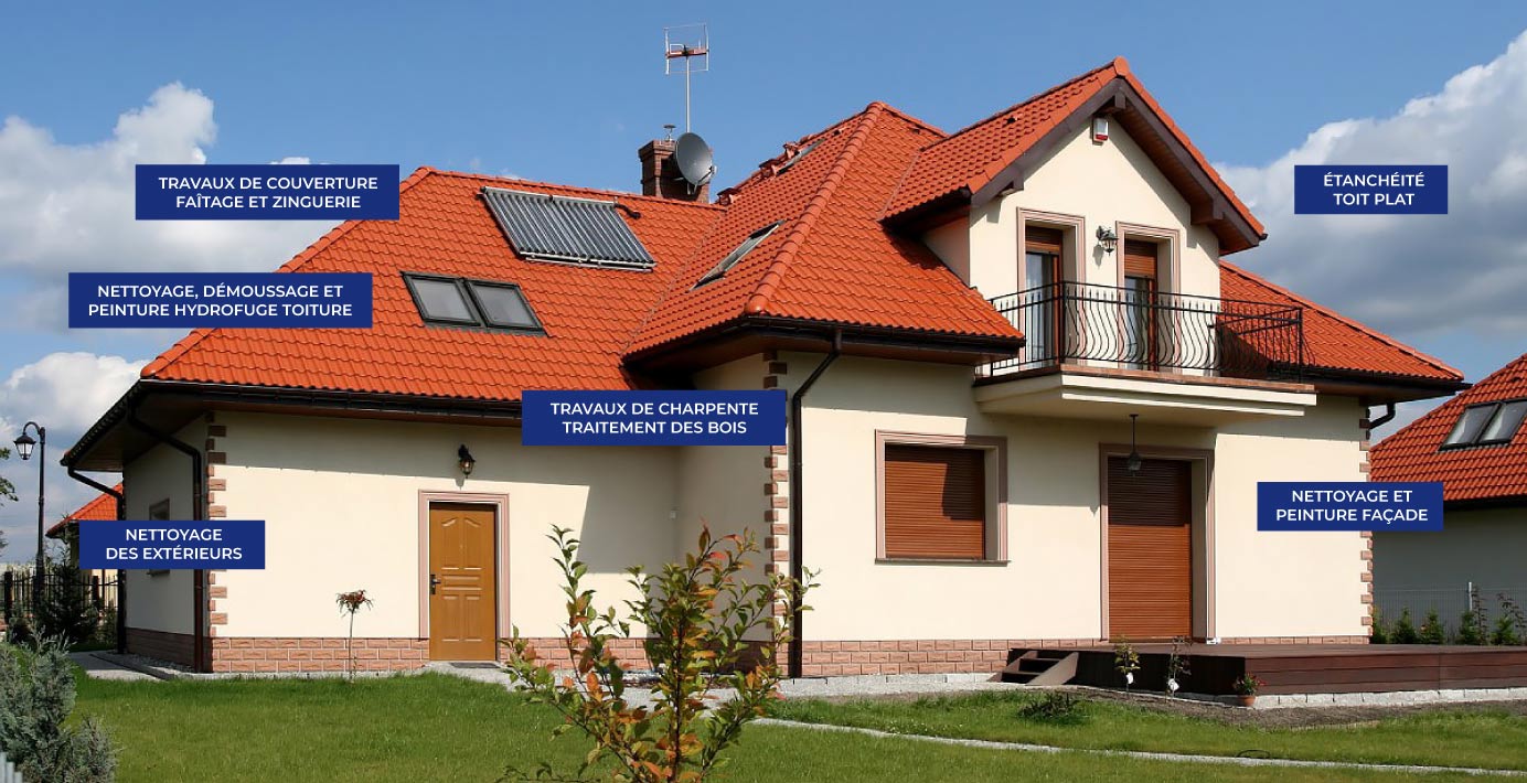 ROOFWALL TOIT FAÇADE : travaux de charpente, traitement des bois, couverture, zinguerie, nettoyage, démoussage et peinture hydrofuge toiture, étanchéité toit plat roofing, ravalement peinture façade, nettoyage des extérieurs  ... intervention en BELGIQUE: région Flamande, Wallonne et Bruxelles….